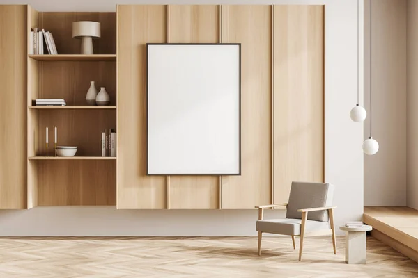轻便客房室内有扶手椅和咖啡桌 架子架上有艺术装饰 硬木地板 模拟空白海报 3D渲染 — 图库照片