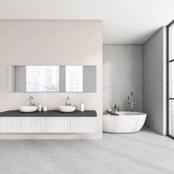 Grau Rosa Badezimmerausstattung Mit Badewanne Doppelwaschbecken Panoramafenster Mit Blick Auf — Stockfoto