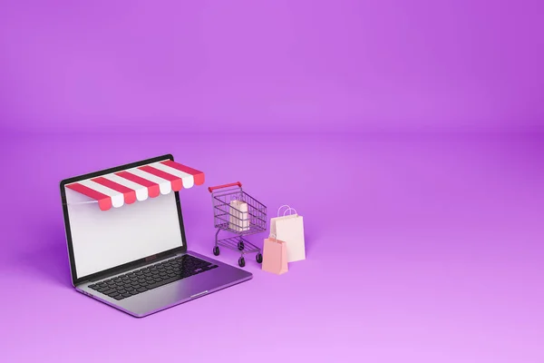 Laptop Und Paket Einkaufswagen Online Shopping Computer Und Webseite Auf — Stockfoto