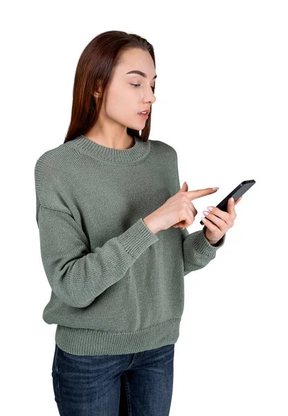 Vrouw Casual Kleding Vinger Aanraken Smartphone Met Behulp Van Apparaat — Stockfoto
