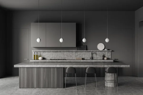 Interior Cocina Gris Con Sillas Bar Mesa Suelo Hormigón Gris — Foto de Stock