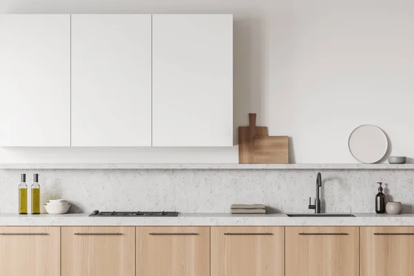 ガス炊飯器 シンク タオル 液体石鹸 オイル 調理机 白い壁と明るいキッチンルームのインテリア ミニマルデザインのコンセプト 創造的なアイデアのためのスペース 3Dレンダリング — ストック写真