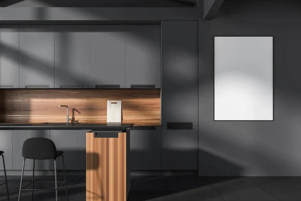 グレーの壁 背の高いテーブル セラミックタイル張りの床に空の白い額のモックアップポスターとモダンなデザインのダイニングルームとキッチンインテリア コンセプトモックアップ 3Dレンダリング — ストック写真