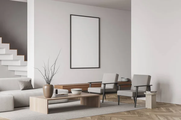 Beige Wohnzimmer Interieur Mit Leeren Weißen Gerahmten Poster Wand Sofa — Stockfoto