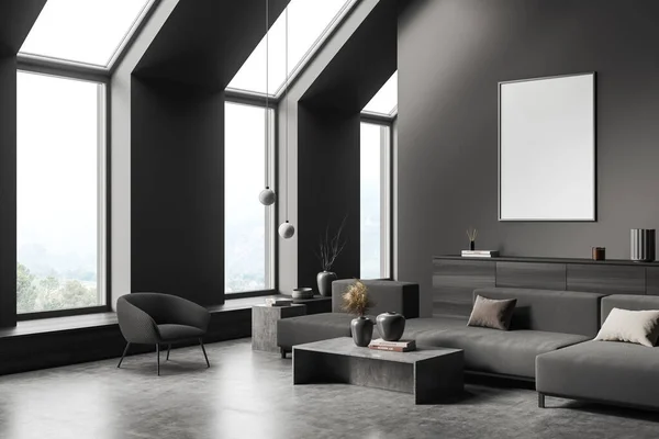 Dark Living Room Interior Armchair Sofa Side View Coffee Table — Stock Photo, Image
