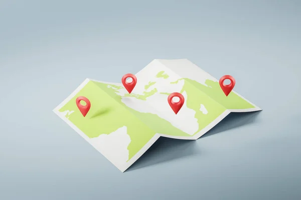 Marcadores Rojos Ubicación Mapa Mundial Papel Sobre Fondo Gris Concepto —  Fotos de Stock