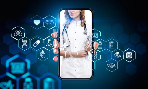 Smartphone Mit Ärztin Diverse Medizinische Digitale Symbole Mobile App Und — Stockfoto
