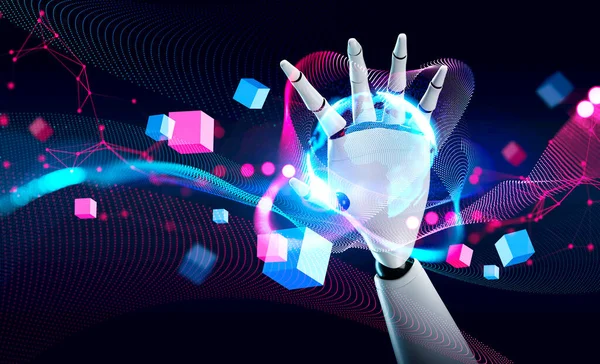 机器人的手和地球与发光的球体和波浪 超级市场 区块链技术和虚拟现实 人工智能的概念 3D渲染 — 图库照片