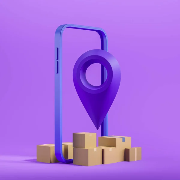 Купка Картонних Коробок Фіолетовому Фоні Знак Місцезнаходження Телефон Концепція Онлайн — стокове фото