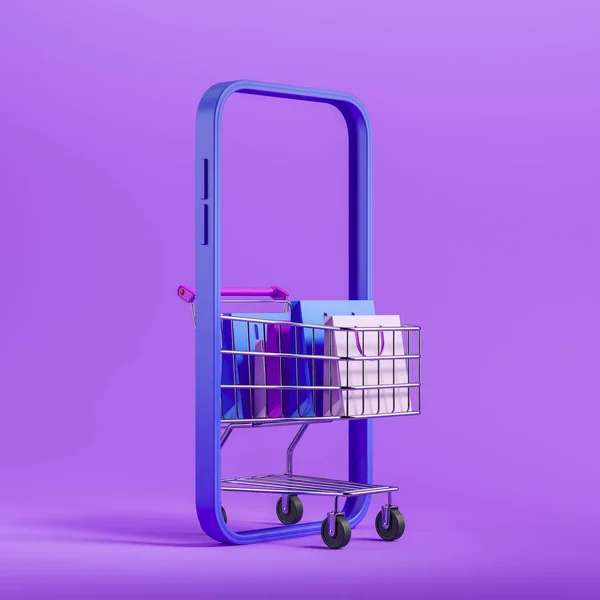 Phone and shopping cart with packages on purple background, mobile app for shopping. Concept of sale and purchase in store. Delivery of goods. 3D rendering