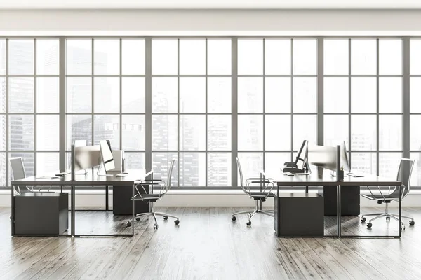 Workplace Interior Black Armchairs Computer Desktop Table Hardwood Floor Office — Stock Photo, Image