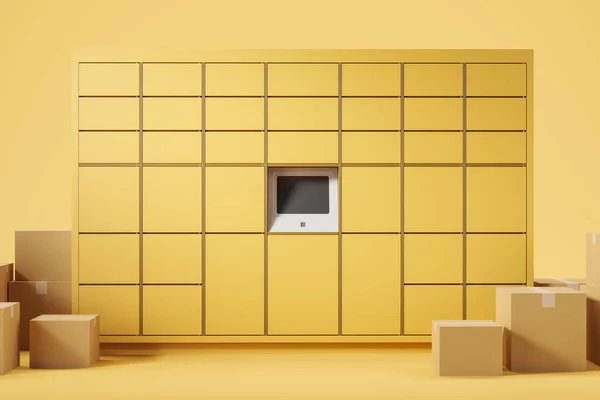 Žlutý Terminál Samoobslužné Pošty Monitorem Řada Lepenkových Krabic Žluté Podlaze — Stock fotografie