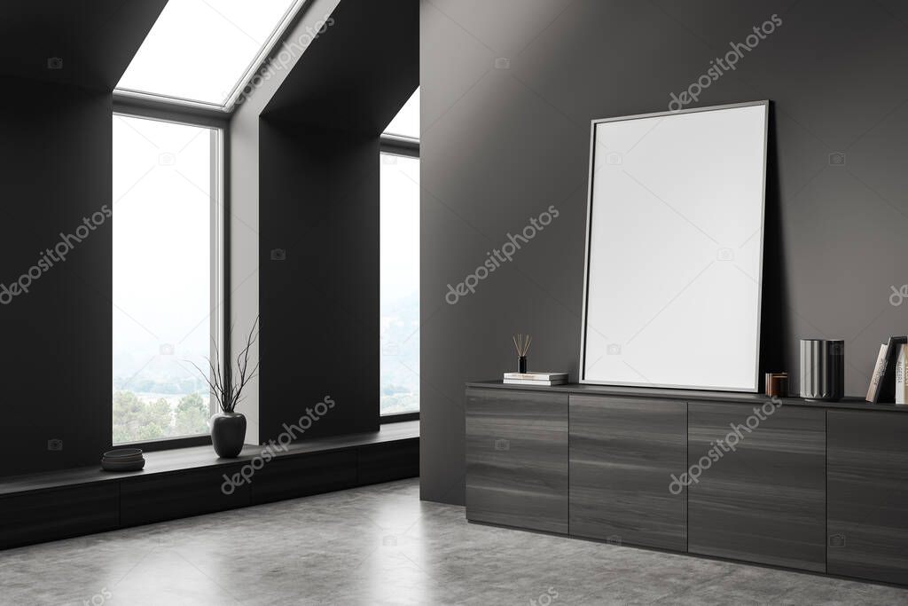 Gallery room interior with black wooden dresser, side view. Art decoration in living room, grey concrete floor. Panoramic window with countryside. Mock up poster, 3D rendering