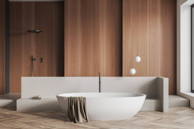 Parlak banyo manzarası, küvet, duş, panoramik pencere, ahşap duvarlar ve ahşap zemin. Sağlık için hijyenik ve spa prosedürleri kavramı. 3d oluşturma