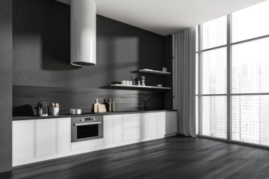 İçi panoramik pencereli karanlık mutfak odası, meşe ağacı ahşap zemin, perde, gaz ocağı, lavabo, yemek masaları, gri duvarlar. Minimalist tasarım kavramı. Yaratıcı fikir için yer var. 3d oluşturma