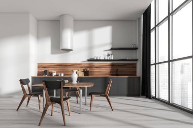 Parlak mutfak odası yemek masası, sandalyeler, bar taburesi, panoramik pencere, meşe zemin, perde, yemek masaları, beyaz duvarlar. Minimalist tasarım kavramı. Yaratıcı fikir için yer var. 3d oluşturma