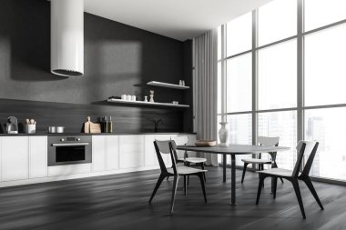 Karanlık mutfak odasının iç tarafında yemek masası, sandalyeler, bar taburesi, panoramik pencere, meşe zemin, perde, gri duvarlar. Minimalist tasarım kavramı. Yaratıcı fikir için yer var. 3d oluşturma