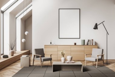 Parlak oturma odasının önü boş beyaz poster, koltuklar, panoramik pencereler, sehpa ve ahşap zemin. Minimalist tasarım kavramı. Yaratıcı bir fikir. Model yap. 3d oluşturma