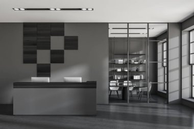 Karanlık ofis odasının önü resepsiyon, toplantı masası, koltuklar, panoramik pencereler, cam bölme, beton zemin. Çalışma süreci ve birlikte çalışma mekanı kavramı. 3d oluşturma