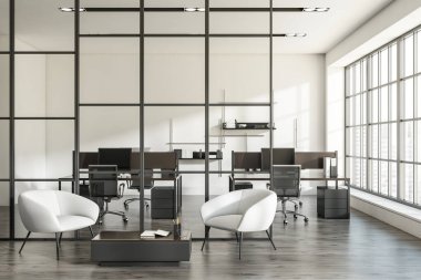 Masaüstü, koltuklar, panoramik pencereler, kitaplarla dolu raflar ve ahşap zemin olan parlak ofis odasının ön görüntüsü. Çalışma süreci ve birlikte çalışma mekanı kavramı. 3d oluşturma