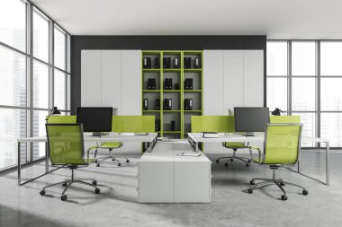 Masaüstü, koltuğu, panoramik pencereleri, klasörü ve beton zemini olan rafları olan parlak bir ofis odası manzarası. Çalışma süreci ve birlikte çalışma mekanı kavramı. 3d oluşturma