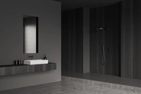 シャワー シンク 木製の壁やコンクリート床と暗いバスルームのインテリアのコーナービュー 健康のための衛生的でスパの手順の概念 3Dレンダリング — ストック写真