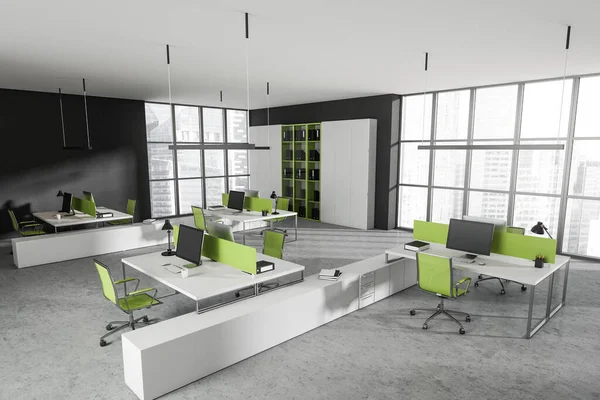 角落景观明亮的办公室内部与办公桌 扶手椅 全景窗 架子与文件夹和水泥地面 工作过程和合作的地点概念 3D渲染 — 图库照片