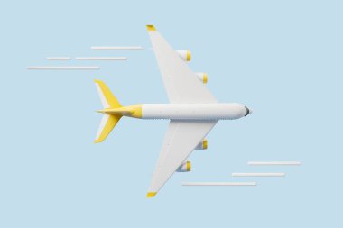 Mavi arka planda uçan beyaz uçak, soyut bulutlar. Turizm ve güvenli seyahat kavramı. 3B görüntüleme