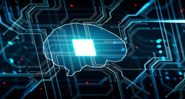 Beyin ve ağ devreli dijital hologram. Yapay zeka, teknoloji ve makine öğrenimi kavramı. 3B görüntüleme