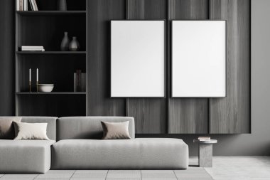 İki boş beyaz poster, kanepe, sehpa, kitaplarla dolu raflar, dolap ve beton zemin. Minimalist tasarım kavramı. Yaratıcı bir fikir. Model yap. 3d oluşturma