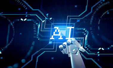 Robot parmak, yapay zeka simgesine, çizgili dijital holograma ve ikili kodlara dokunur. Teknoloji ve makine öğrenme kavramı. 3B görüntüleme