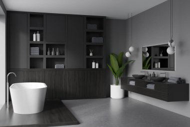 Küvetli karanlık banyo, aynalı çift lavabo, aksesuarlı ve dekorasyonlu raf, saksıda bitki, yan manzara, gri beton zemin. Otel odasındaki tuvalette. 3B görüntüleme