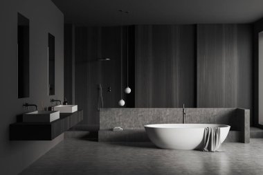 Banyo, küvet, duş, iki ayna ve lavabo, ahşap duvarlar ve beton zemin. Sağlık için hijyenik ve spa prosedürleri kavramı. 3d oluşturma
