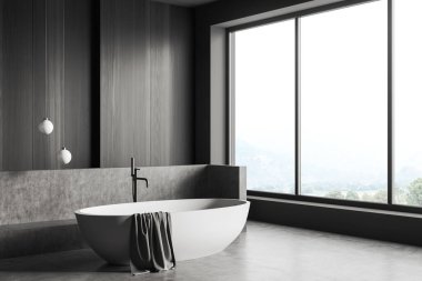 İçi karanlık banyo, içi gri beton zemin üzerinde küvet, yan manzara. Kırsal manzaralı panoramik pencereli otel odası köşesi, 3D görüntüleme