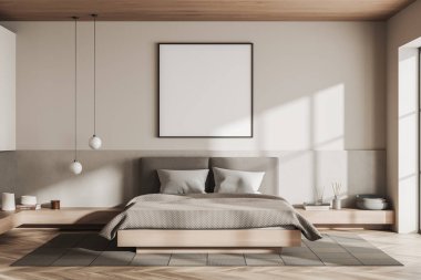 Ahşap yatak odasının içi, çarşaflı yatak, ön manzara, ahşap zeminde halı. Sanat dekorasyonlu bir komodin. Beyaz duvarda maket posteri var. 3B görüntüleme