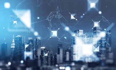 New York City gökdelenleri finans merkezi panoramik manzarası. Ön plandaki çizgi bağlantısı ve figürlerle dijital arayüz. Modern megapolis 'te ticaret ve teknoloji kavramı