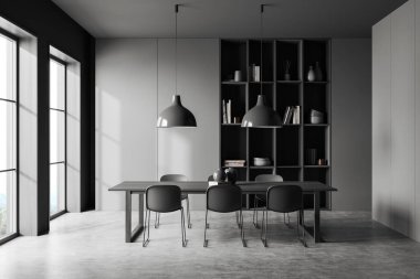 İçi siyah sandalyeler, ahşap masa, kırsal manzarada lambalar ve panoramik pencere, gri beton zemin. Sanat süslemeli raflar. 3B görüntüleme