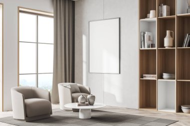 Beyaz gevşeme bölgesi içinde iki koltuk ve sehpa, yan görüş, sanat dekorasyonu ve kırsal kesimde panoramik pencereli raf, ahşap zemin. Posteri taklit et, 3D görüntüleme