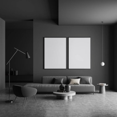 Koyu renk şezlonglu koltuk ve kanepe, yuvarlak kahve masası sanat dekorasyonu, ön manzara, gri beton zemin. İki boş poster, üç boyutlu görüntüleme