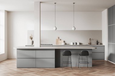 Barın içinde beyaz sandalyeler ve ahşap zeminde tezgah, mutfak gereçleri ile lavabo, ön manzara. Minimalist mobilyalı lüks mutfak, 3 boyutlu görüntüleme