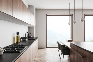 Beyaz mutfak içinde sandalyeler ve masa, yan görüş, ahşap zeminde tezgah. Kırsal manzaralı panoramik pencerenin yanında yemek pişirme seti, 3B görüntüleme