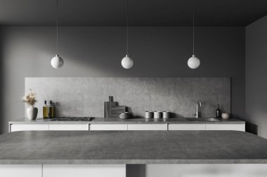 Mutfağın arka planında lavabo ve mutfak gereçleri, ön manzara. Ürün görüntüleme için kopyalama alanı. 3B görüntüleme