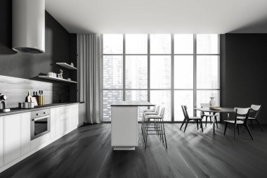 Yemek adası, bar taburesi, panoramik pencere, meşe ağacı ahşap zemin, yemek masası, sandalyeler, gri duvarlar olan karanlık mutfak odası. Minimalist tasarım kavramı. Yaratıcı fikir için yer var. 3d oluşturma