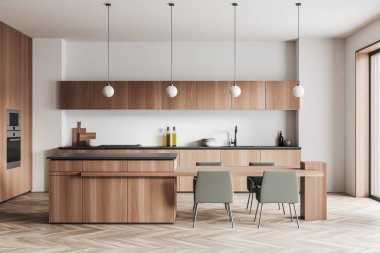 Parke zeminde sandalyeleri ve tezgahı olan beyaz yemek masası, lavabo ve mutfak gereçleri olan yemek alanı, pencere. Minimalist mobilyalı lüks mutfak, 3 boyutlu görüntüleme