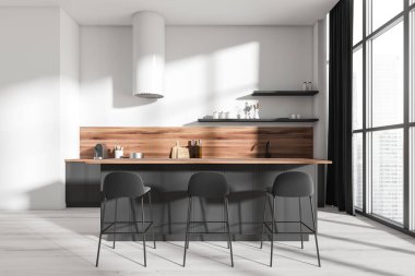 Yemek adası, bar taburesi, panoramik pencere, meşe ağacından zemin, perde, yemek masaları, beyaz duvarlar olan parlak mutfak odası. Minimalist tasarım kavramı. Yaratıcı fikir için yer var. 3d oluşturma