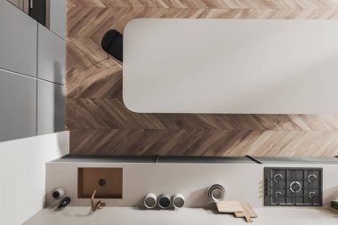 Lavabo ve aletlerle ahşap iç mekan manzarası. Tabak, ocak, sabun şişesi. Modern apartmandaki ada, 3D görüntüleme