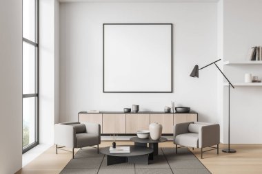 Beyaz oturma odasının içi iki koltuk ve şifoniyer, raflı ve kahve sehpası, ahşap döşemeli halı. Pencere ve maket poster, 3B görüntüleme