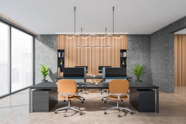 Deri koltuklu iç mekan, siyah masadaki bilgisayar masası, bej beton zemin. New York şehir manzaralı panoramik pencereli ofis alanı, 3D görüntüleme