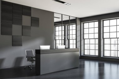 Karanlık ofis odasının iç tarafında resepsiyon, koltuklar, panoramik pencereler, cam bölme, beton zemin. Çalışma süreci ve birlikte çalışma mekanı kavramı. 3d oluşturma