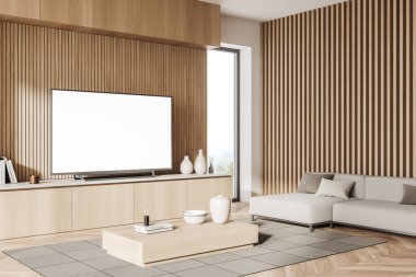 İçerisi kanepe ve sehpayla dolu, ahşap dolapta televizyon ve dekorasyon, ahşap zeminde halı, ahşap daire. Boş televizyon ekranını kopyala. 3B görüntüleme